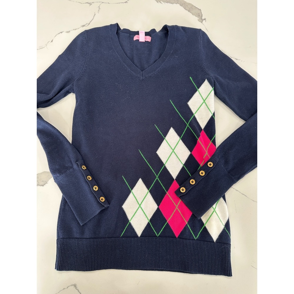 Lilly Pulitzer Navy Blue Argyle V-Neck Cotton Sweater Gold Button Cuff XS